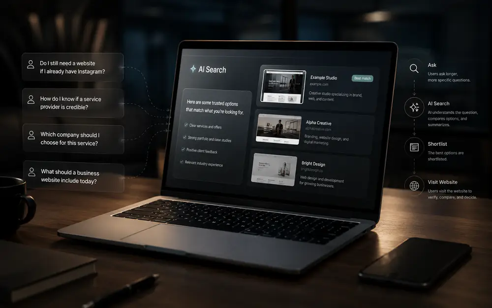 Cinematic AI Search interface showing conversational questions and business website comparison